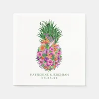 Tropical Floral Pineapple Watercolor Wedding Napkins