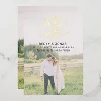  Luxe Gold Calligraphy 2 photos Save The Date  Foil Invitation