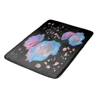 Water Droplets on Pink & Blue Roses on Black | Bath Mat