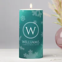 Festive Light Blue Foil Snowflakes Monogram Name Pillar Candle
