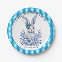  Blue Floral Rabbit 1st Birthday for Kids Paper Plates