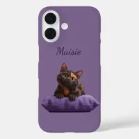 Cartoon Tortoiseshell Kitten on Purple Cushion iPhone 16 Case