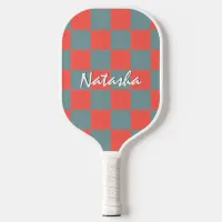 Retro Geometric Squares Red Gray Checkered Pattern Pickleball Paddle