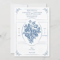 Chinoiserie Elegant Blue Bouquet Victorian Wedding Invitation