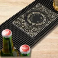 Personalized Black Gold Floral Pattern Monogram Bar Mat