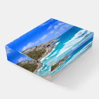 Beautiful Seascape Gentle Waves Rocks Blue sky Paperweight