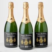 40th Birthday party black gold pineapples name Sparkling Wine Label