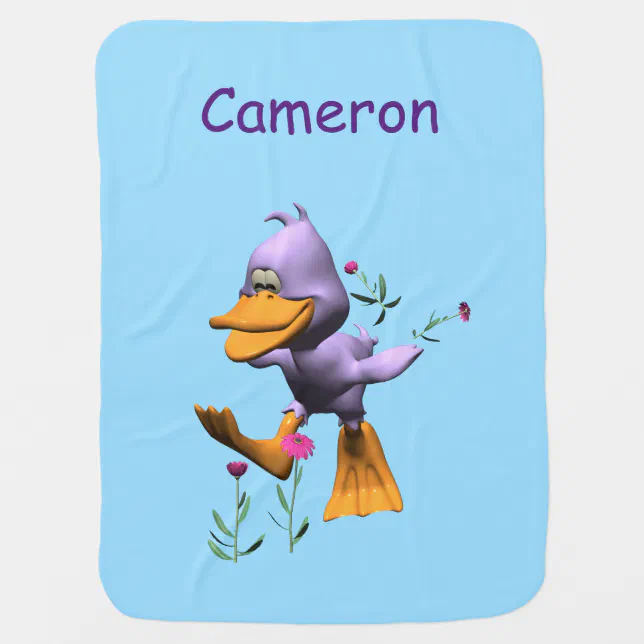 Cute Happy Cartoon Duck Running Through Flowers Baby Blanket