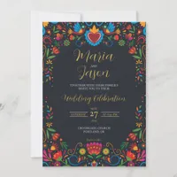 Mexican Black Floral Otomi Colorful Fiesta Wedding Invitation