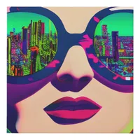 Colorful Art Woman in Sunglasses City Reflection  Faux Canvas Print