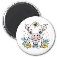 Cute Baby Pig in Flowers Cartoon Magnet