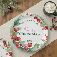 Watercolor Holly and Red Berries Wreath Christmas Paper Plates
