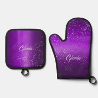 Modern Purple Brushed Metal with Silver Monogram | Oven Mitt & Pot Holder Set