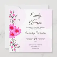 Pink Cosmos Watercolor Floral Square Wedding Invitation