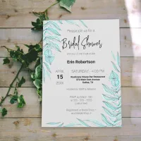 Minimalist Modern Teal Leaves Bridal Shower Invitation