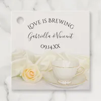 Tea Cup with White Rose Love is Brewing Wedding Favor Tags