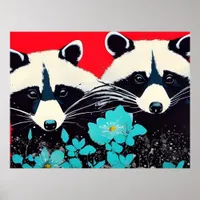 Adorable Raccoons With Blue Flowers Poster