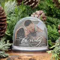 Elegant Script Family Name & 2 Photos Snow Globes