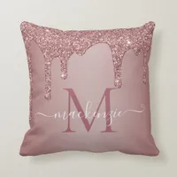 Girly Rose Gold Sparkle Glitter Drips Monogram Throw Pillow
