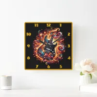 Electric guitar ignites in a blaze of colors square wall clock