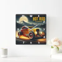 Hot rod zooms by moonlit lake square wall clock