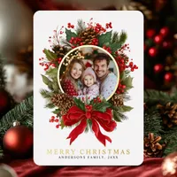 Christmas Wreath Family Photo Foil Holiday Card
