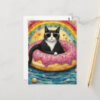 A Cat on Vacation in a Floating Donut Postcard