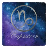 Grey Zodiac Capricorn & sign on blue galaxy | Trivet