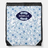 Personalized Name Feminine Blue Floral Pattern Drawstring Bag