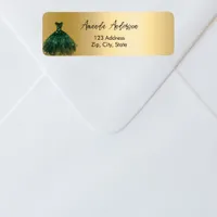 Emerald green dress gold return address label