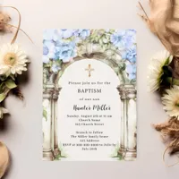 Blue florals arch beige boy Baptism Invitation