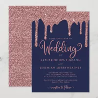 Navy Blue Rose Gold Sparkle Glitter Wedding Invitation