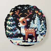 Pixel Art Reindeer in the Snow Christmas  Round Pillow