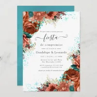 Spanish Turquoise & Coral Floral Engagement Party Invitation