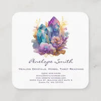 Watercolor Purple Blue Crystals and Flowers Square Business Card