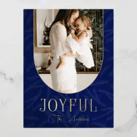 Blue Gold Modern Botanical Arch Joyful Photo  Foil Holiday Postcard