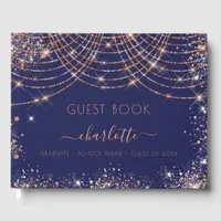 Graduation party navy blue rose gold glitter 2025 guest book