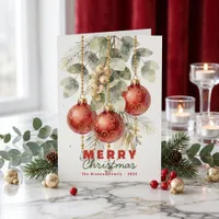 Elegant Red Baubles Green Botanicals Christmas Card