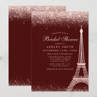 Paris Eiffel Tower Burgundy Sparkle Bridal Shower Invitation