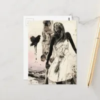 Woman with mushrooms surreal collage postcard