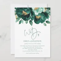 Emerald Gold Flowers Photo QR Code Wedding Invitation