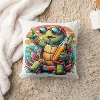 A playful turtle enjoying a summer party vibe throw pillow