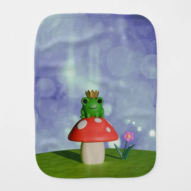 Cute Cartoon Frog Wearing a Crown on a Mushroom Baby Burp Cloth