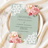 Sage green pink rose gold florals lace wedding invitation