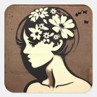 Pretty Girl with Flowers in her Hair Simple Art Square Sticker