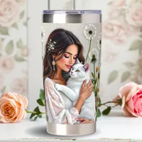 Woman and White Cat and Dandelions  Insulated Tumbler