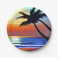 Pretty Tropical Palm Tree and Ocean Paper Plates