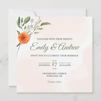 Orange Rose Watercolor Floral Square Wedding Invitation
