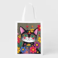 Folk Art Cat and Flowers Whimsical Grocery Bag