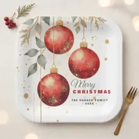 Elegant Watercolor Red Gold Ornament Christmas Paper Plates